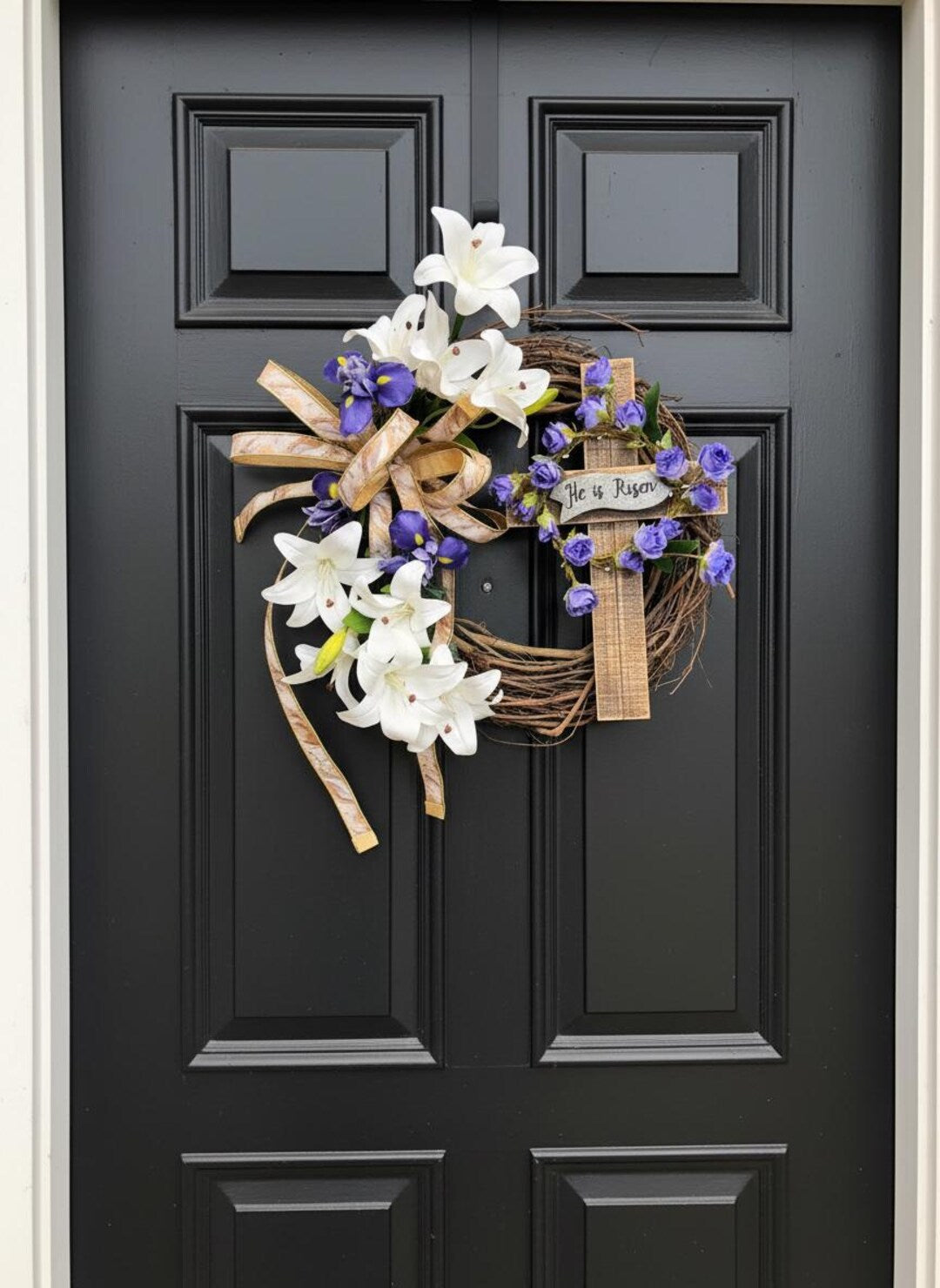 Easter cross wreath white lilies purple irises He is Risen