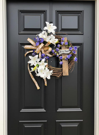 Easter cross wreath white lilies purple irises He is Risen