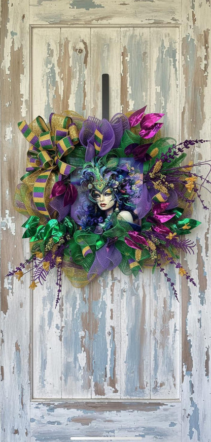 Mardi Gras masquerade wreath purple green gold mask