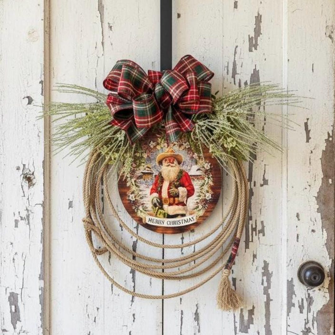 Cowboy Christmas wreath western rope Santa sign