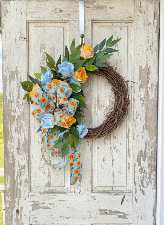 Summer grapevine wreath blue yellow peach roses sunflower