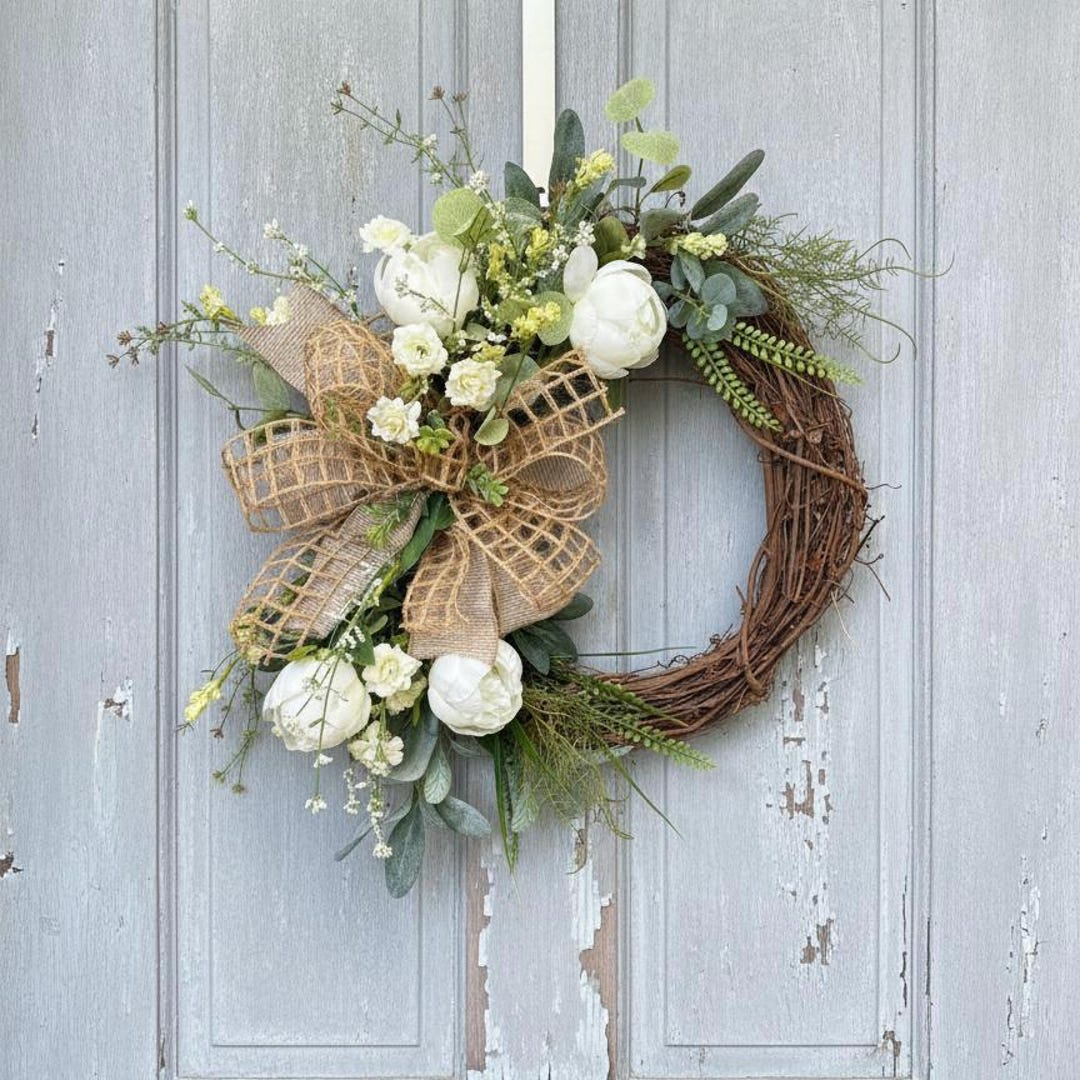 Farmhouse white peony grapevine wreath burlap bow