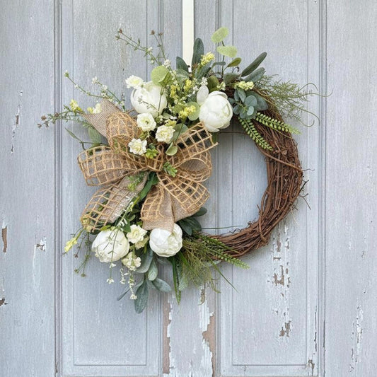 Farmhouse white peony grapevine wreath burlap bow