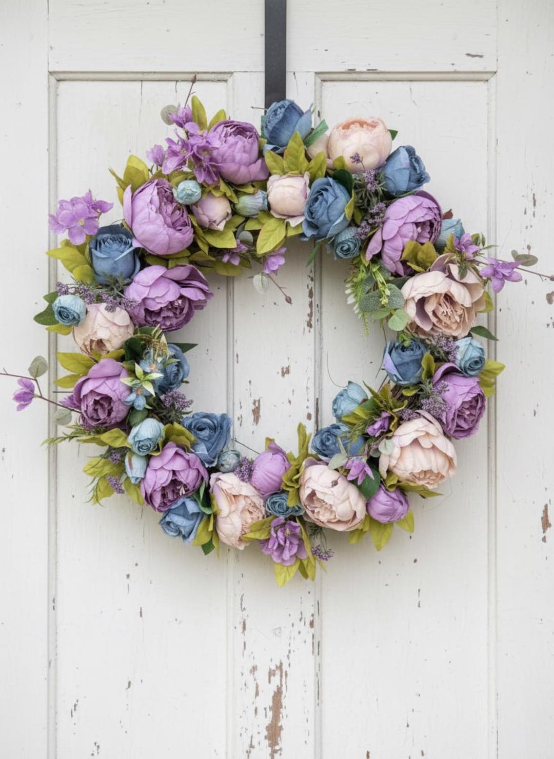 Bayou Dusk purple and blue peony rose door wreath