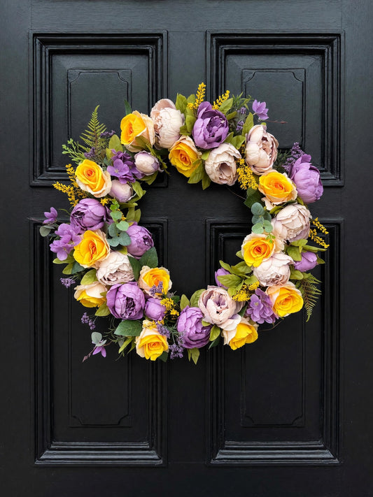 Death Valley Dusk purple and gold peony rose wreath