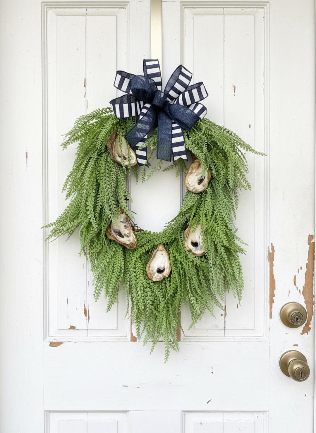 Marsh Pearl oyster shell wreath coastal navy bow