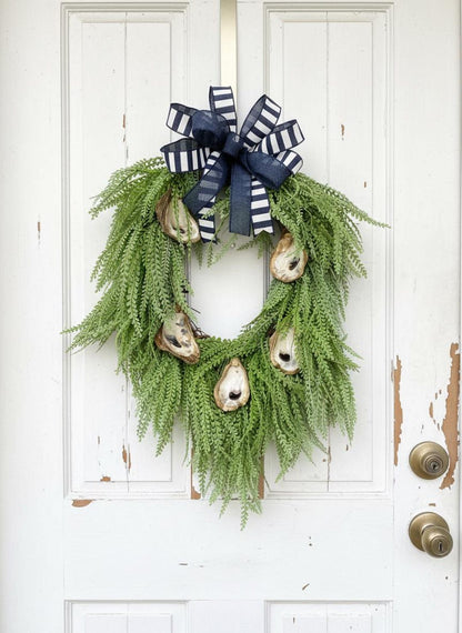 Marsh Pearl oyster shell wreath coastal navy bow