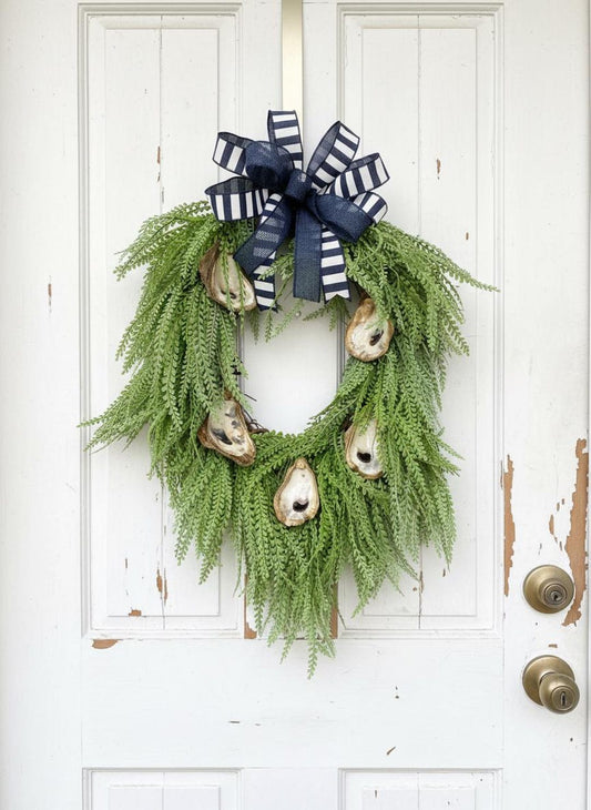 Marsh Pearl oyster shell wreath coastal navy bow