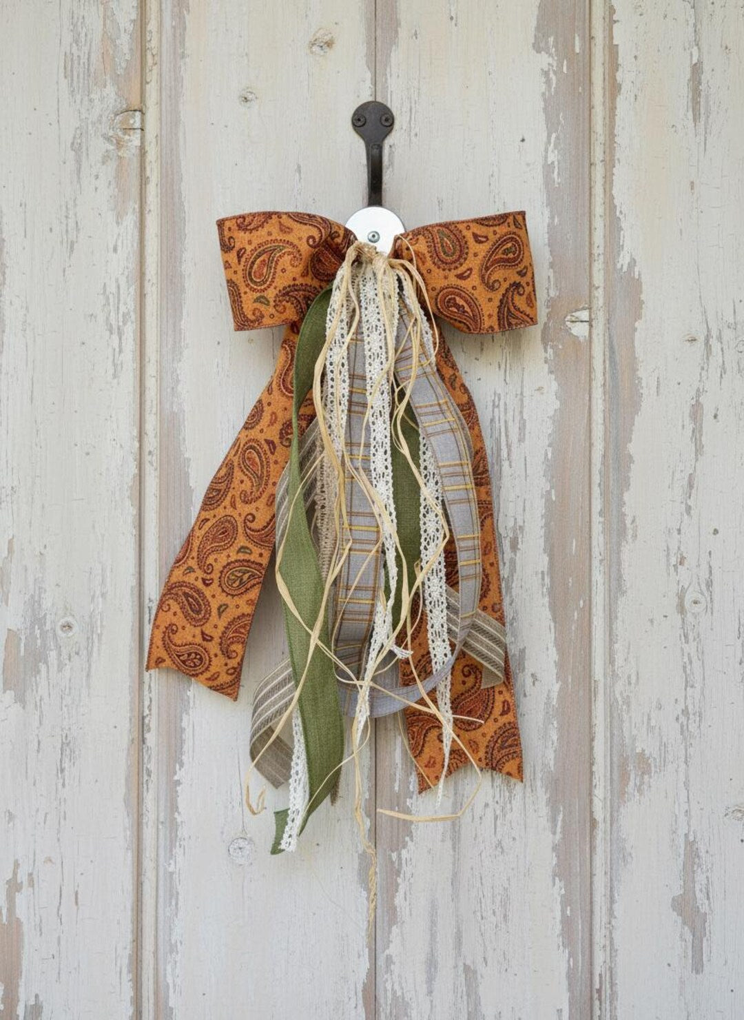 Rust paisley fall wreath bow plaid raffia