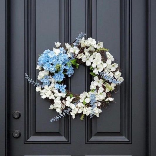 Blue hydrangea summer wreath grapevine front door
