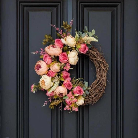 Blush pink rose wreath cottage garden grapevine