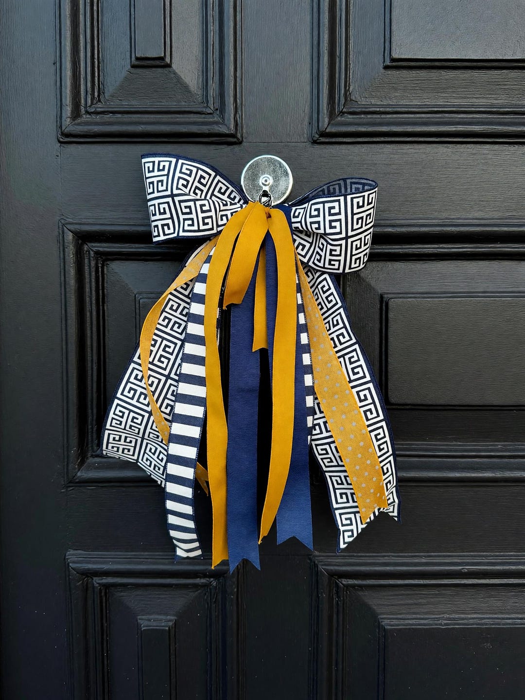 Navy gold bow preppy Greek key ribbon