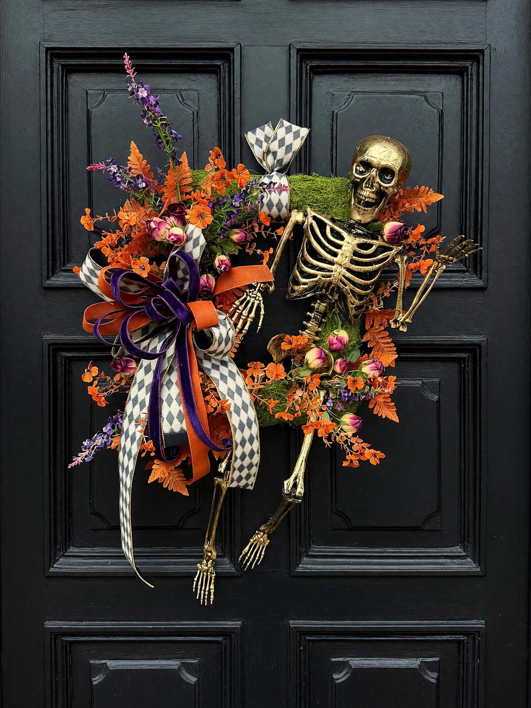 Gold skeleton Halloween wreath moss harlequin ribbon