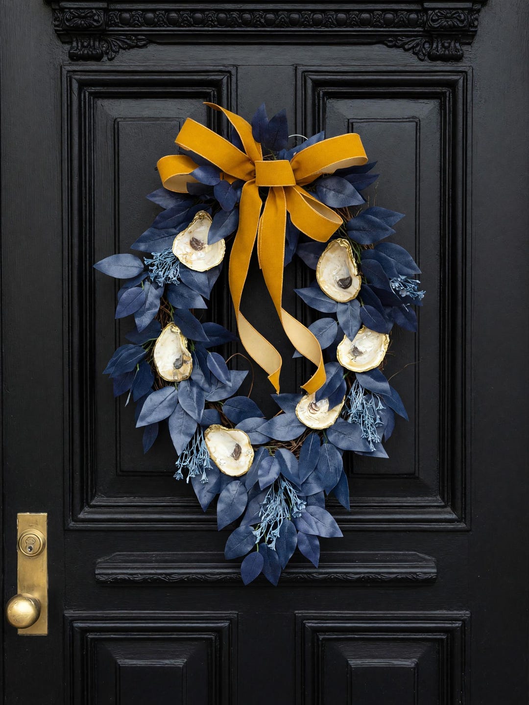 Navy mustard oyster shell wreath gilded coastal