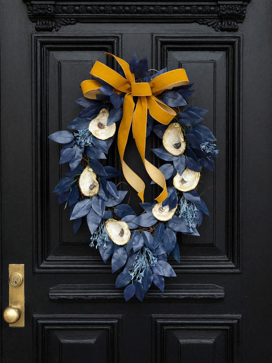 Navy mustard oyster shell wreath gilded coastal