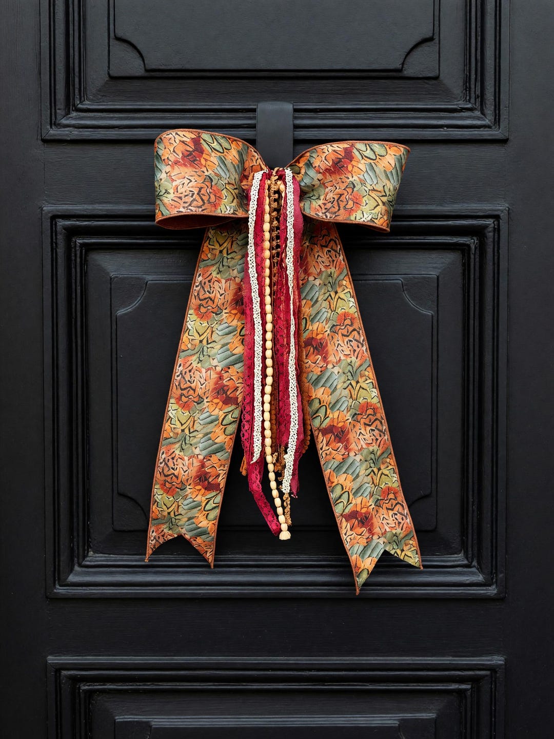 Tapestry fall bow rust floral burgundy lace