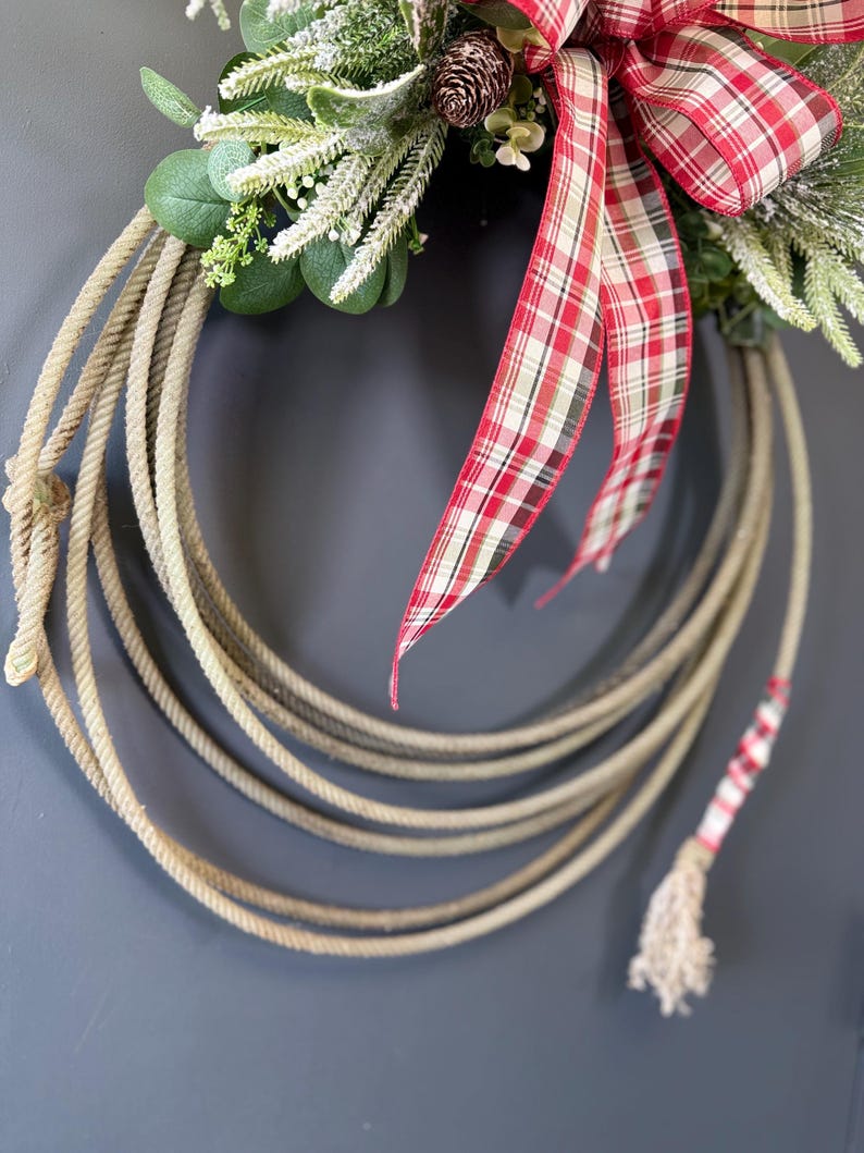 Cowboy Christmas wreath rope base plaid ribbon detail