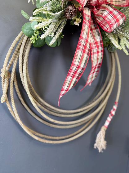 Cowboy Christmas wreath rope base plaid ribbon detail
