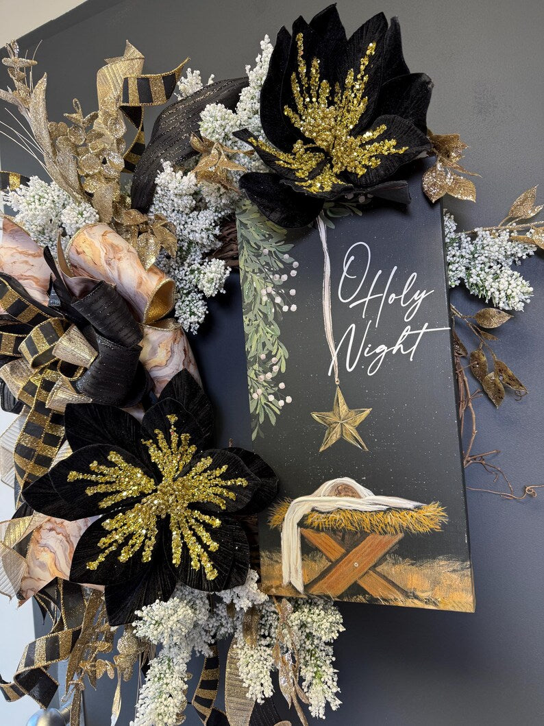 Nativity wreath black velvet flowers gold centers sign