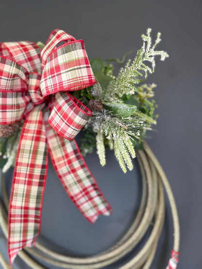 Cowboy Christmas wreath plaid bow pinecones greenery