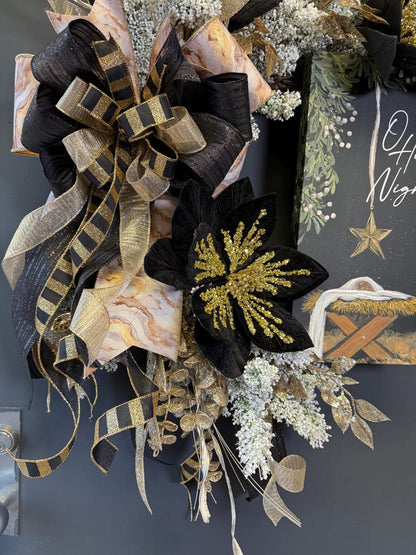 Nativity wreath black gold ribbon white floral