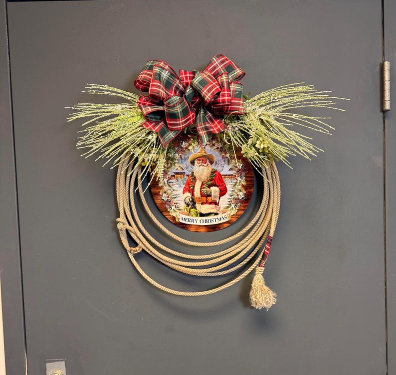 Cowboy Christmas wreath plaid bow frosted greenery detail