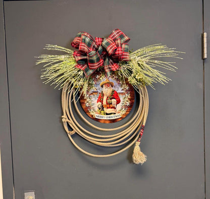 Cowboy Christmas wreath plaid bow frosted greenery detail