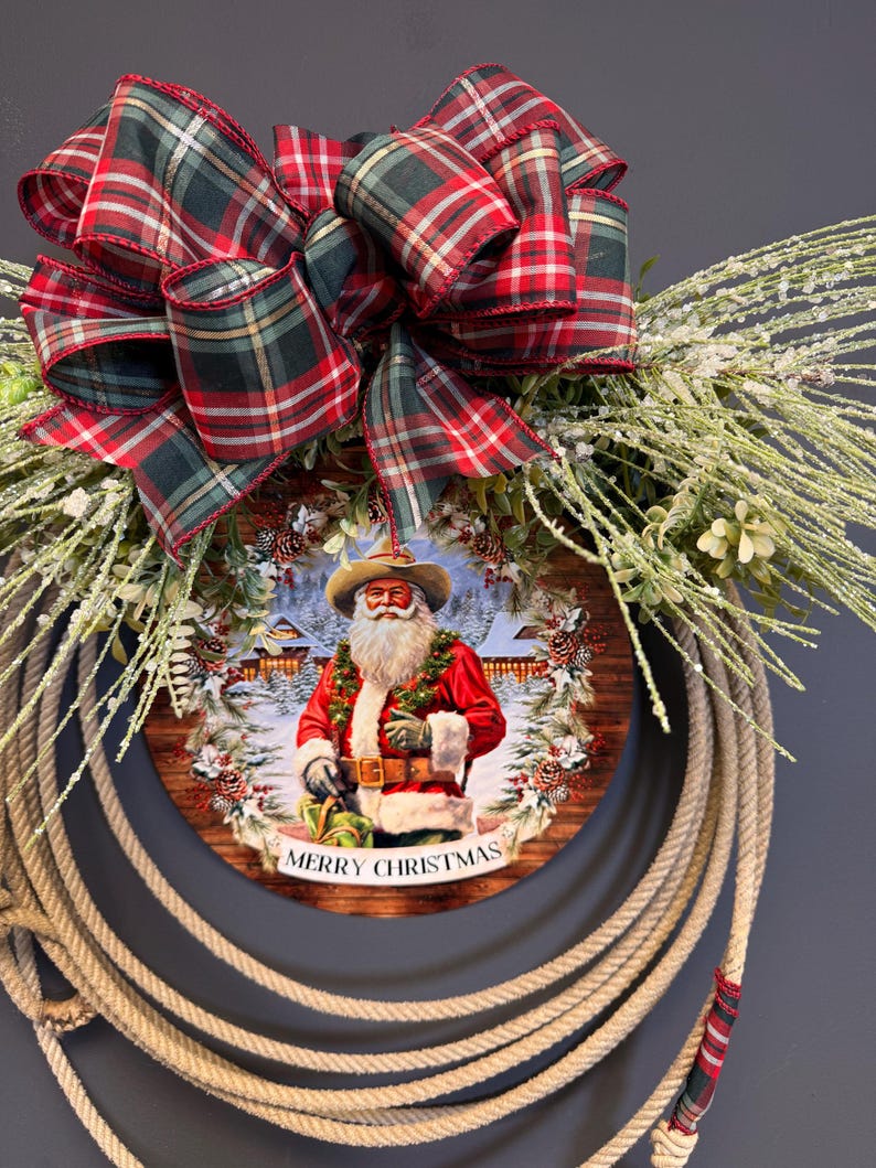 Cowboy Santa metal sign rope wreath western decor
