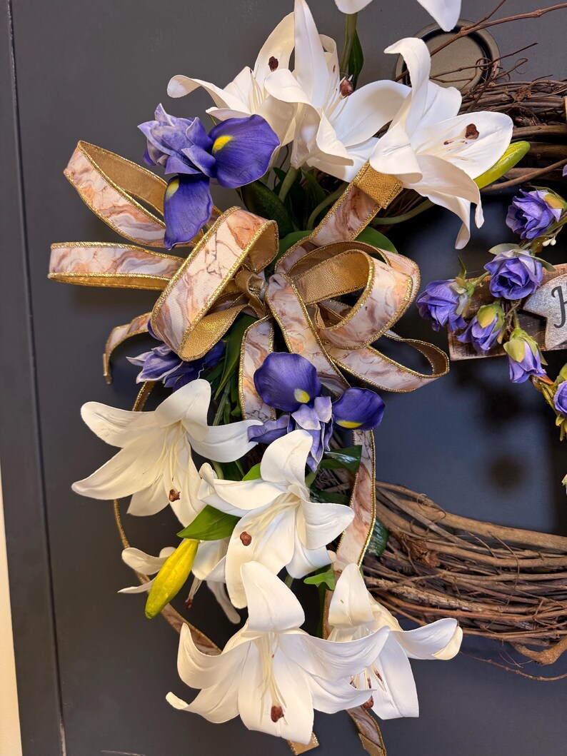 Easter wreath gold ribbon bow detail