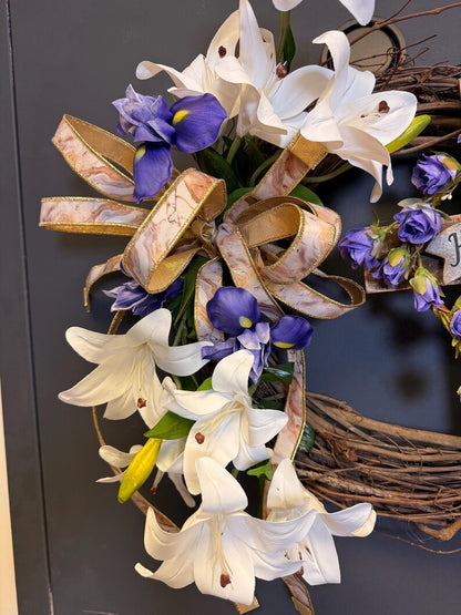 Easter wreath gold ribbon bow detail