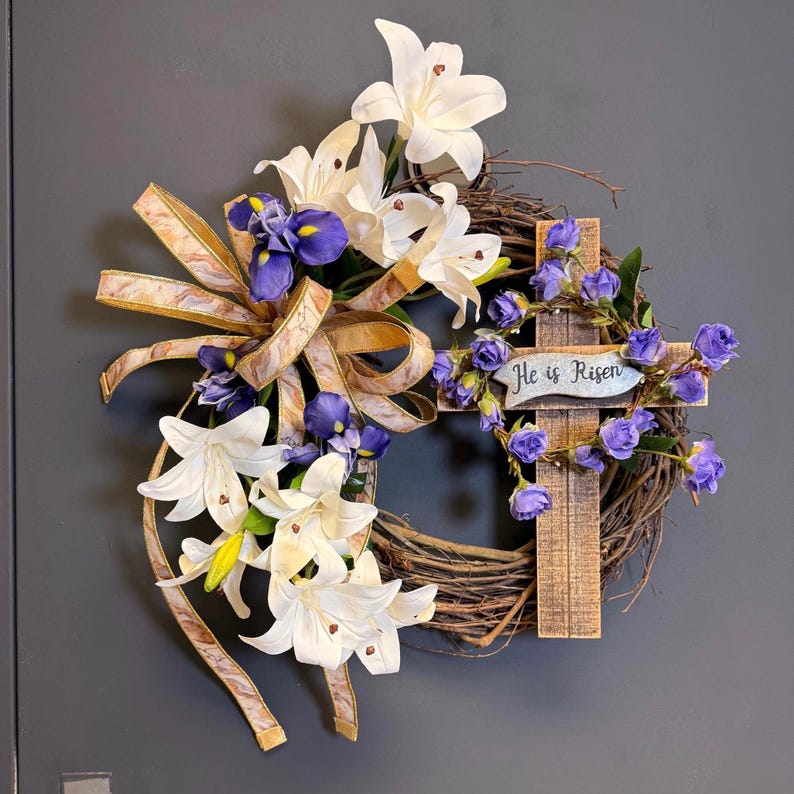 Easter cross wreath grapevine base purple roses gold ribbon