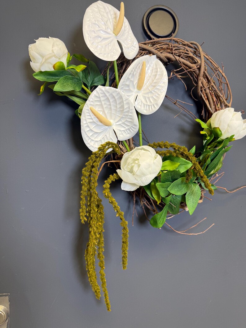 White anthurium peony grapevine wreath detail