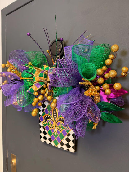 Mardi Gras door hanger deco mesh gold accents