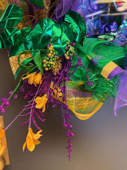 Mardi Gras masquerade wreath feathered ribbon detail