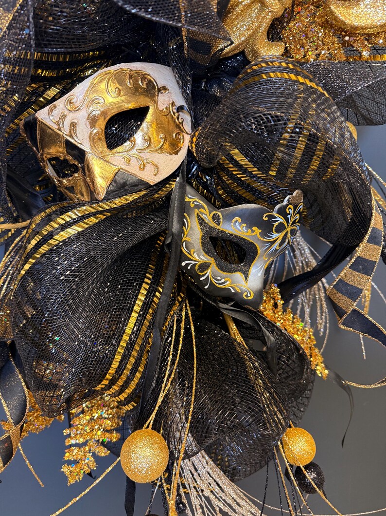 Black gold wreath Venetian mask glitter accent