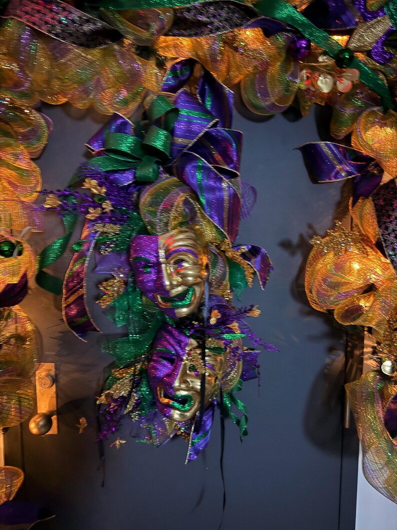 Mardi Gras garland masks gold accents