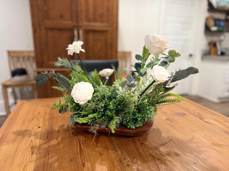 Faux botanical centerpiece dough bowl white peonies