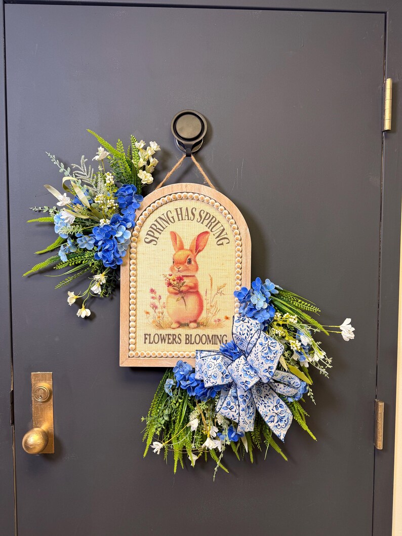 Blue chinoiserie bunny door hanger spring has sprung sign