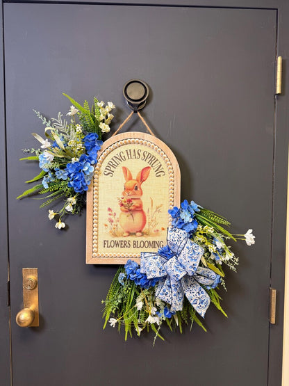 Blue chinoiserie bunny door hanger spring has sprung sign