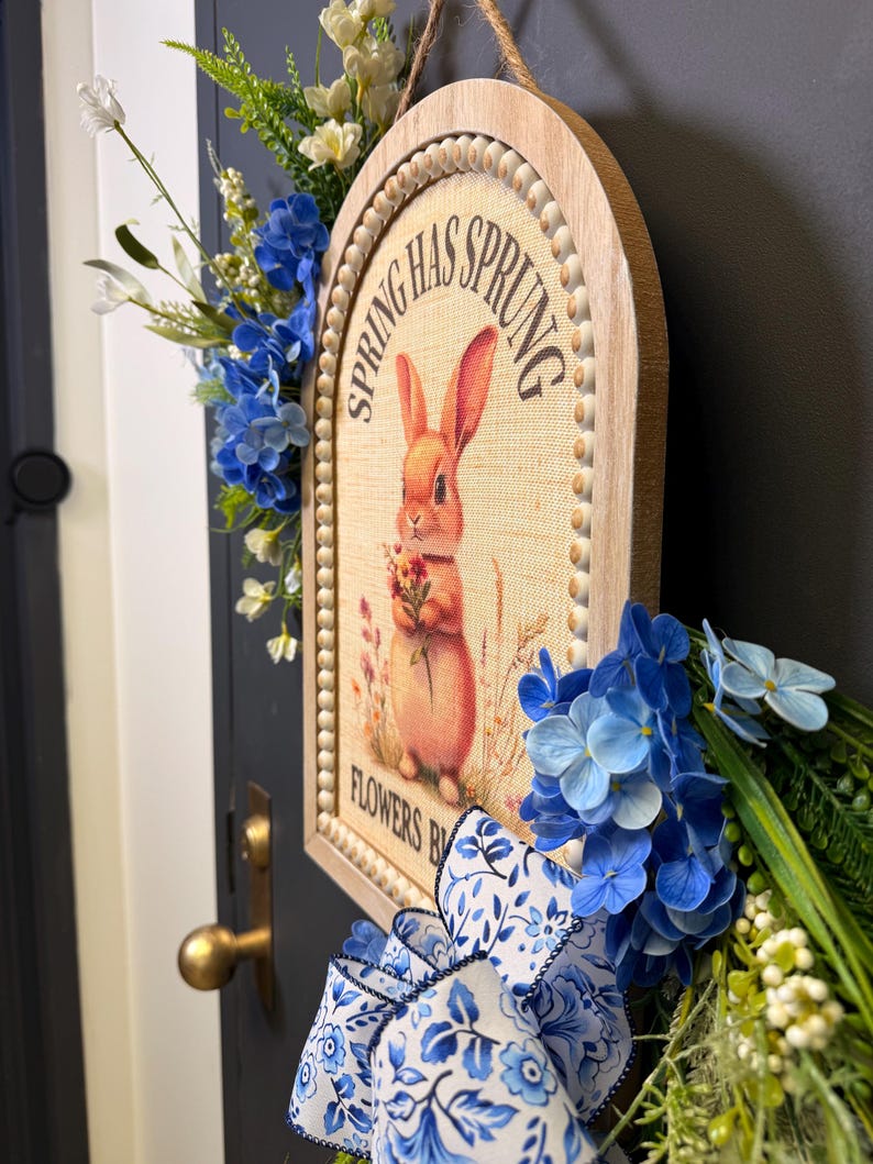 Blue chinoiserie bunny door hanger farmhouse porch decor