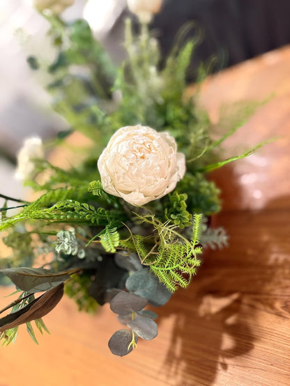 White peony faux floral arrangement eucalyptus fern