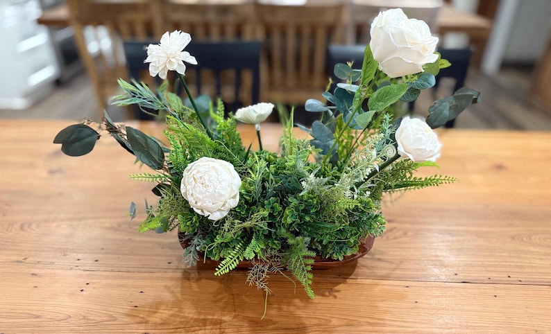 Greenery centerpiece white flowers modern organic bowl