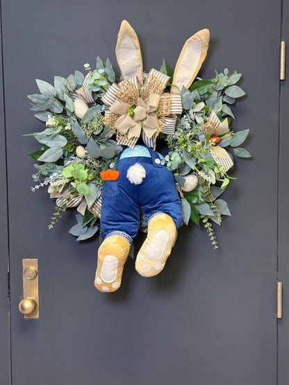 Easter bunny wreath denim overalls yellow feet