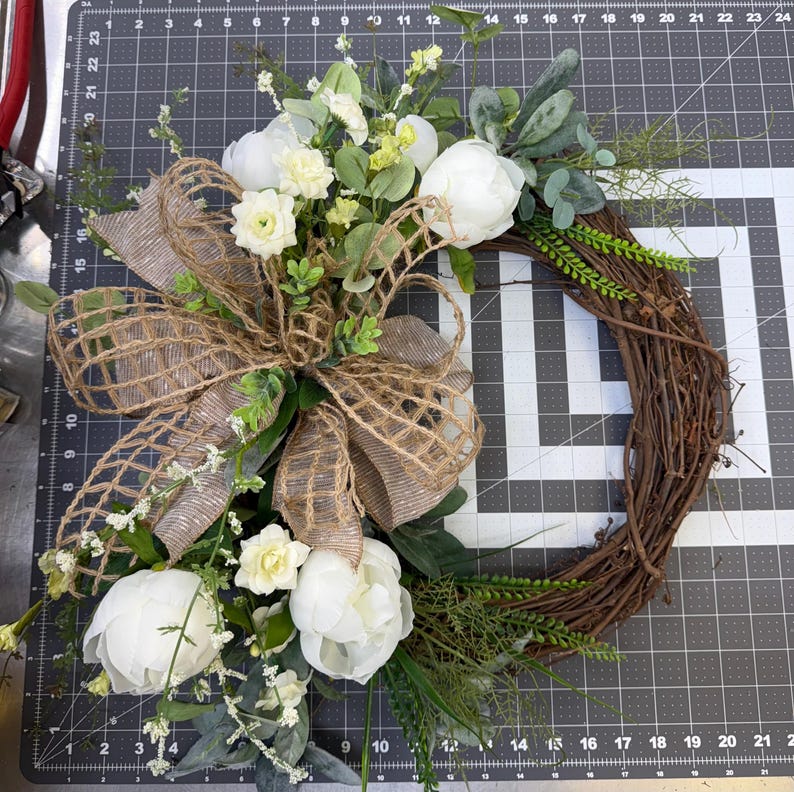 Farmhouse white peony wreath multi-loop burlap bow