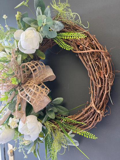 White peony wreath eucalyptus fern grapevine detail