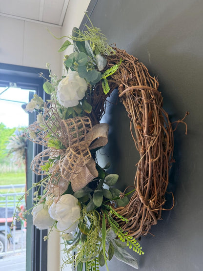White peony grapevine wreath burlap bow detail
