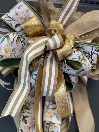 Everyday bow gold magnolia ribbon close up