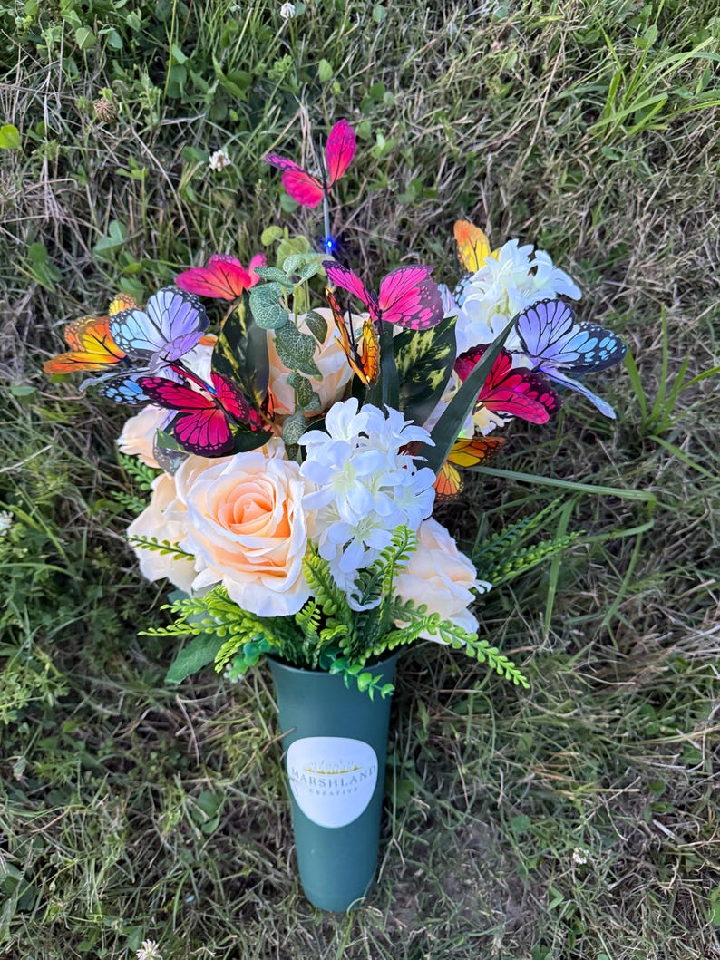 Cemetery grave vase insert coral roses butterflies