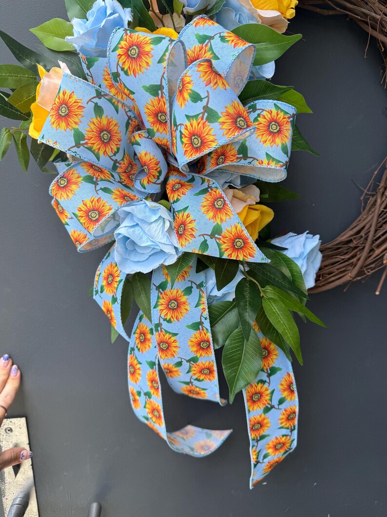 Summer grapevine wreath sunflower print bow