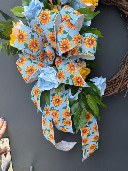 Summer grapevine wreath sunflower print bow